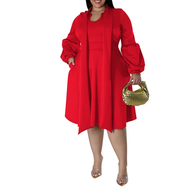 Long sleeved Bubble Sleeve Midi Dress Red - Shop at LoveMi