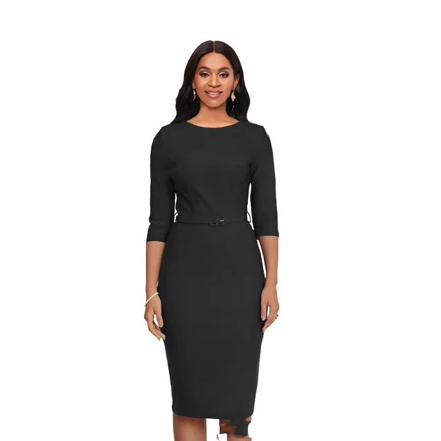 Round Neck Sheath And Fitted Waist Belt Slimming Dress Black - Shop at LoveMi