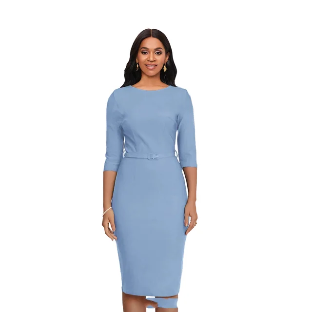 Round Neck Sheath And Fitted Waist Belt Slimming Dress Light Blue - Shop at LoveMi