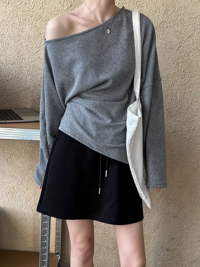Casual Slit Irregular Shoulder Sweater For Women Gray - Shop at LoveMi