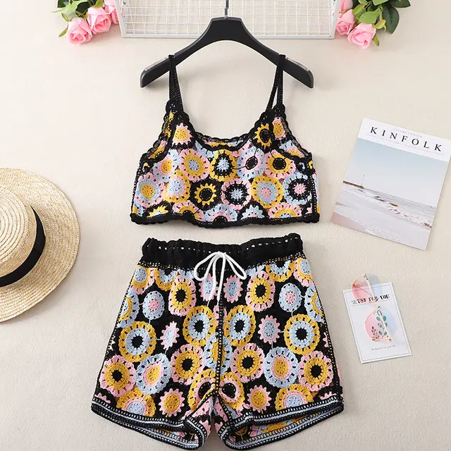 Top High Waist Embroidery Shorts Two piece Set Black - Shop at LoveMi
