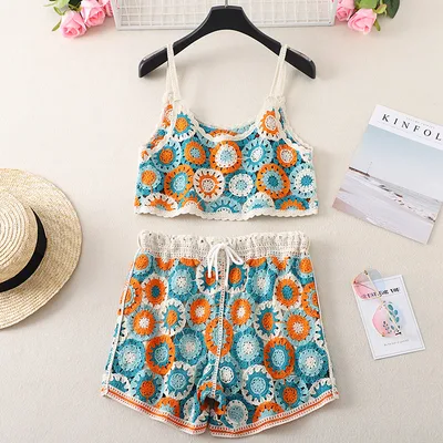 Top High Waist Embroidery Shorts Two piece Set Orange - Shop at LoveMi