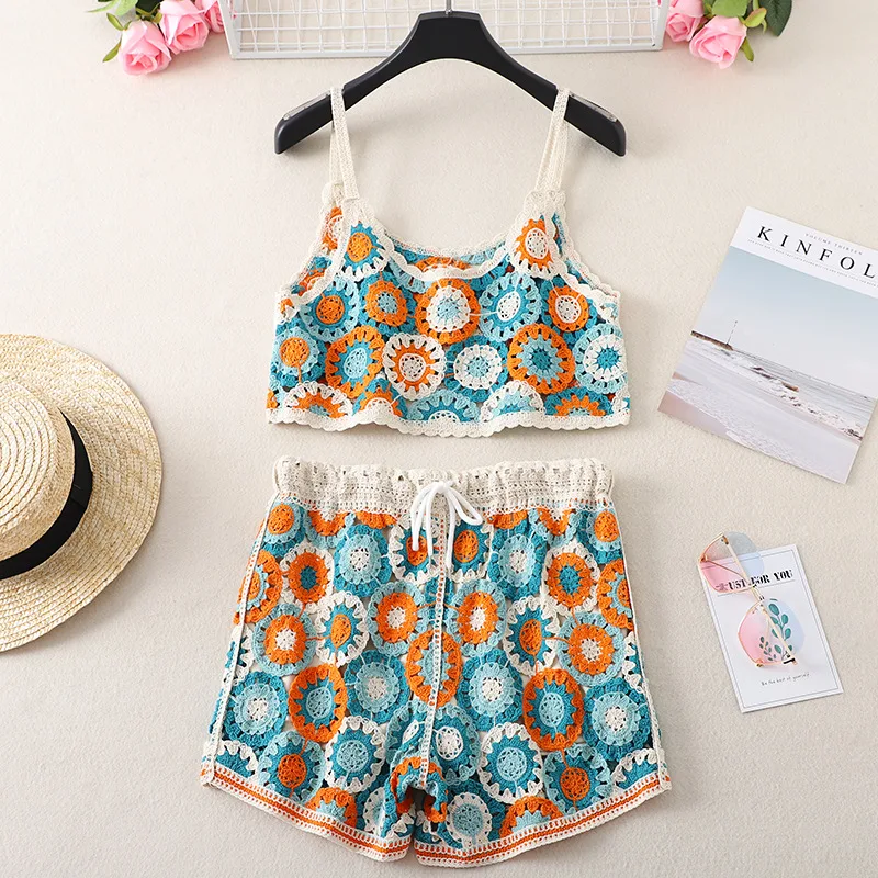 Top High Waist Embroidery Shorts Two-piece Set - Orange