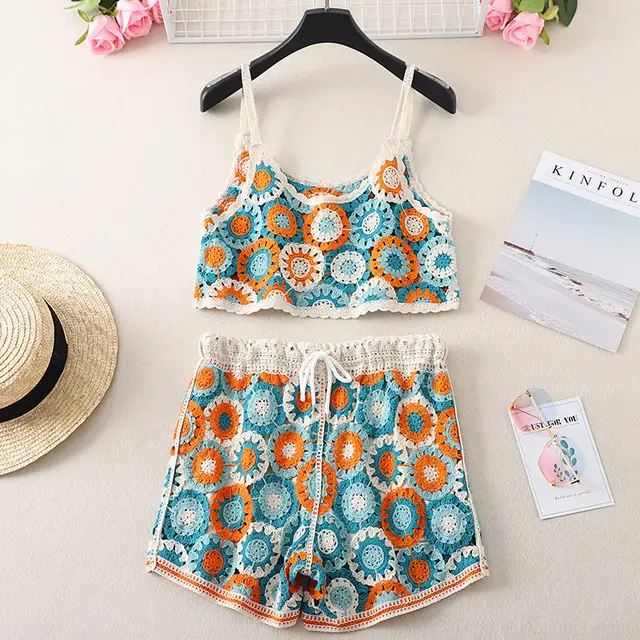 Top High Waist Embroidery Shorts Two piece Set Orange - Shop at LoveMi