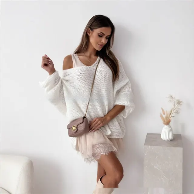 Loose And Idle Pullover Sweater V neck Excellent Long Sleeve Top White - Shop at LoveMi