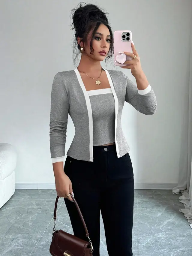 Cardigan Jacket And Vest Two piece Set Tops Gray - Shop at LoveMi