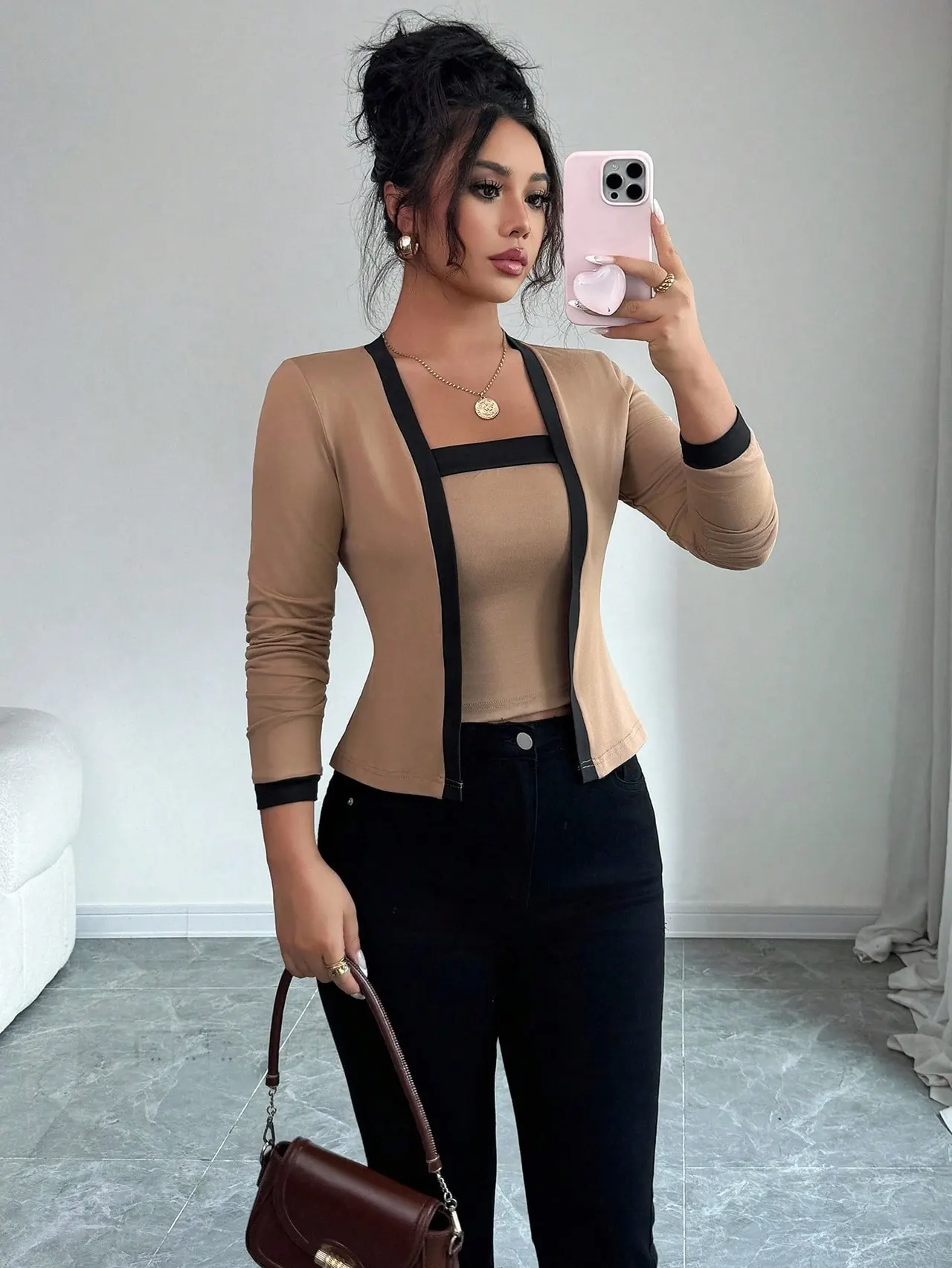Cardigan Jacket And Vest Two-piece Set Tops - Khaki