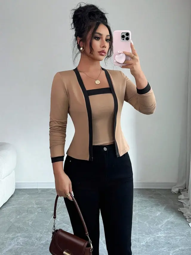 Cardigan Jacket And Vest Two piece Set Tops Khaki - Shop at LoveMi
