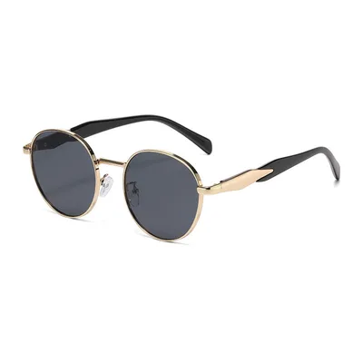 Metal Round Frame Sun Glasses UV Protection For Women Gold Frame Black And Grey Lens - Shop at LoveMi