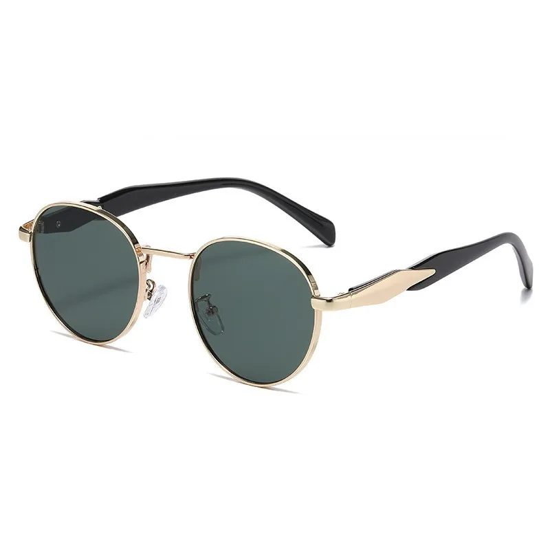 Metal Round Frame Sun Glasses UV Protection For Women - Gold Frame Green Piece - View 1