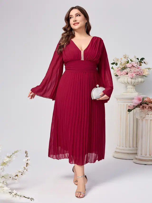 Plus Size Dress Women's V neck Long Sleeve Wine Red - Shop at LoveMi