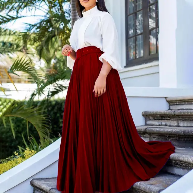 Women's Elegant Pleated Personality Big Skirt Wine Red - Shop at LoveMi