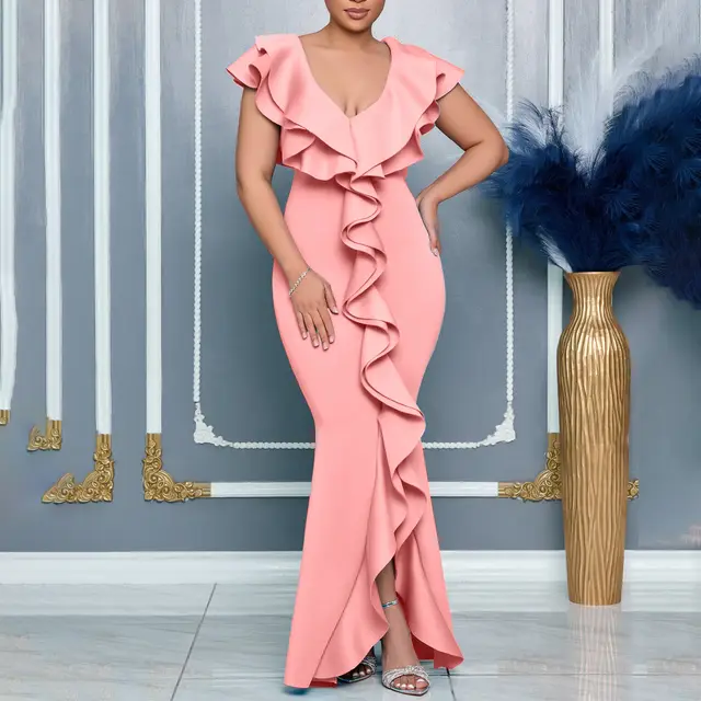 V neck Flounce Split Fishtail Skirt Pink - Shop at LoveMi