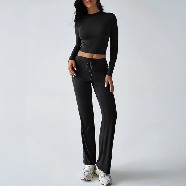 T shirt Solid Color Trousers Suit Women's Clothing Black - Shop at LoveMi