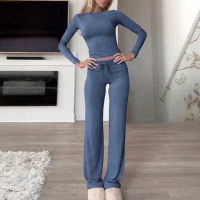 T shirt Solid Color Trousers Suit Women's Clothing Denim Blue - Shop at LoveMi