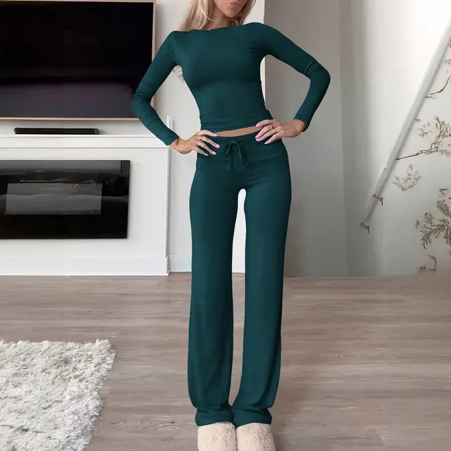 T shirt Solid Color Trousers Suit Women's Clothing Green - Shop at LoveMi