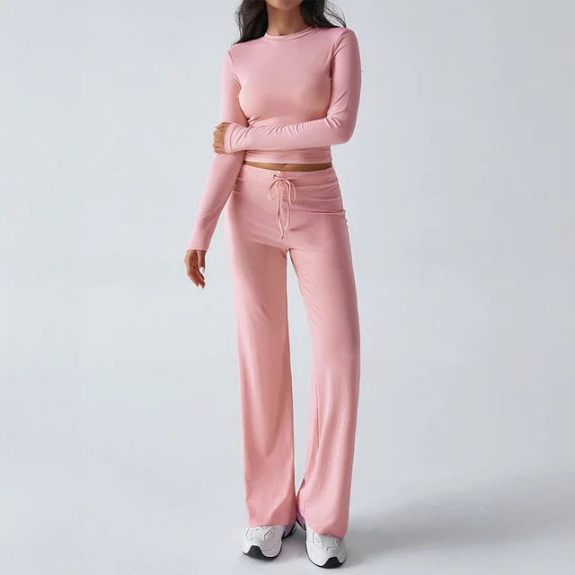 T shirt Solid Color Trousers Suit Women's Clothing Pink - Shop at LoveMi