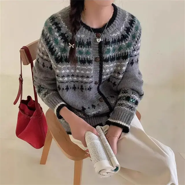 Female Versatile Ethnic Jacquard Knitted Cardigan Top Gray - Shop at LoveMi