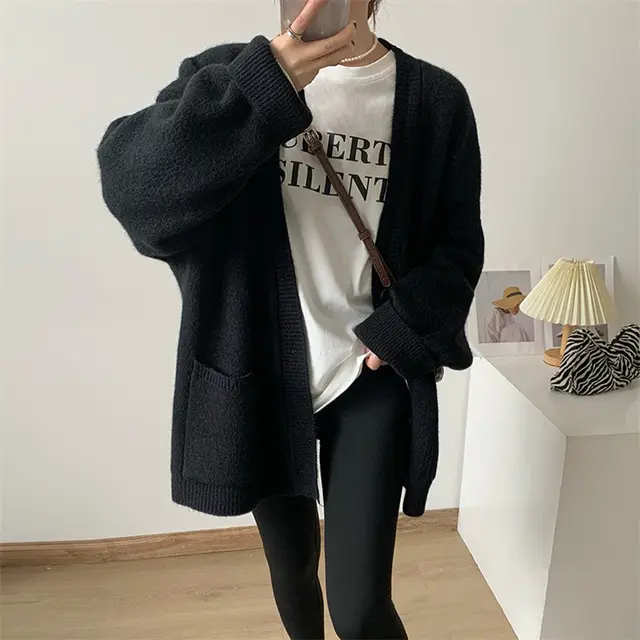 Female Solid Color Idle Style V neck Knitted Cardigan Top Black - Shop at LoveMi