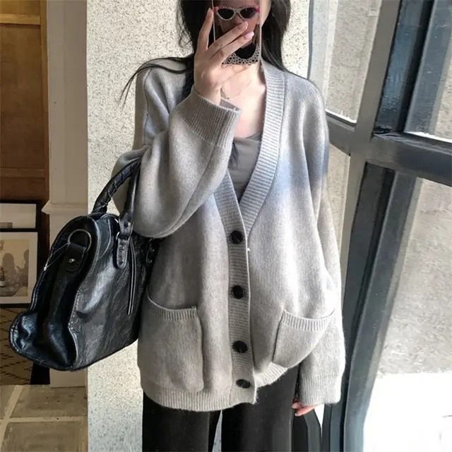 Female Solid Color Idle Style V neck Knitted Cardigan Top Gray - Shop at LoveMi