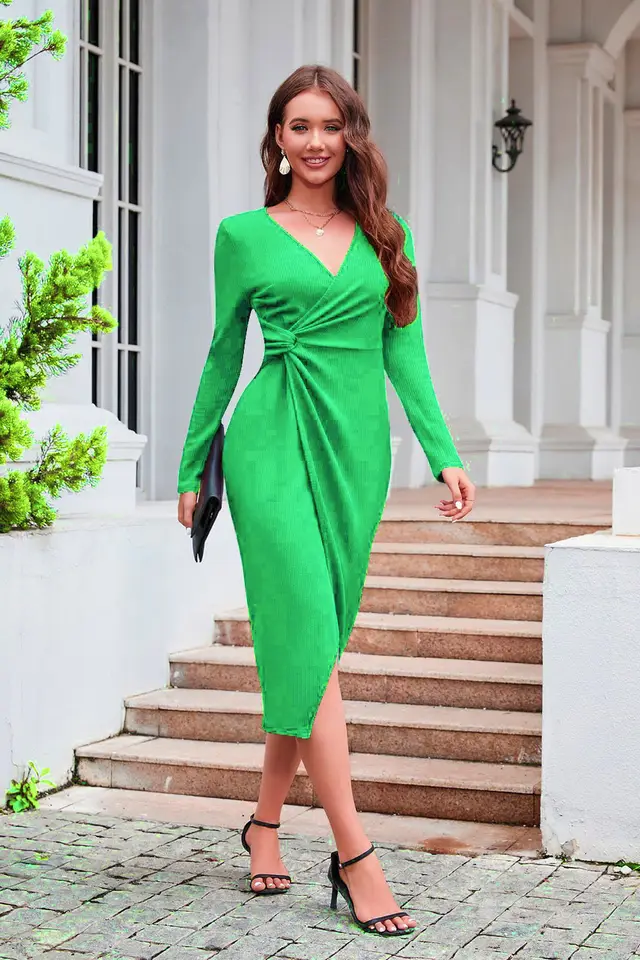 Solid Color V neck Waist controlled Slimming Split Long Sleeve Dress Fluorescent Green - Shop at LoveMi