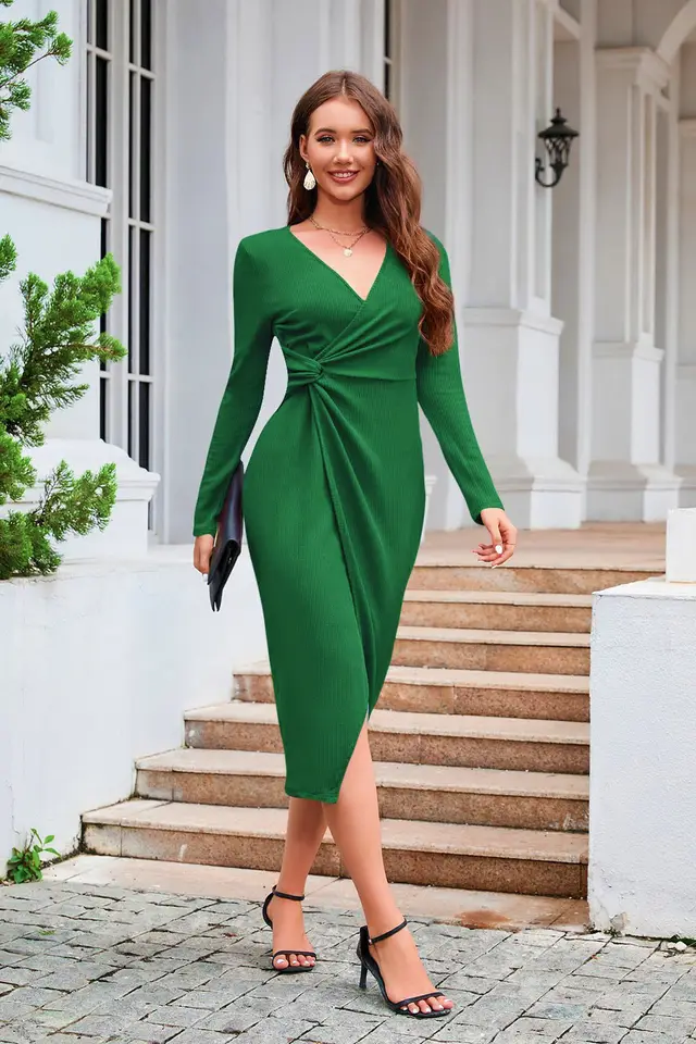 Solid Color V neck Waist controlled Slimming Split Long Sleeve Dress Green - Shop at LoveMi