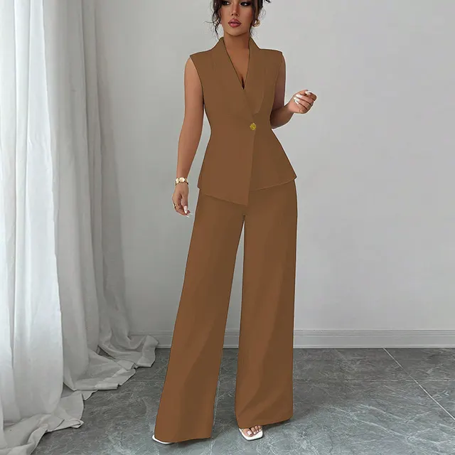 Solid Color Vest Straight leg Trousers Suit For Women Brown - Shop at LoveMi