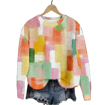 Geometric Color Matching Pattern Elements 3D Printed Casual Women's Round Neck Sweater Type D M - Shop at LoveMi
