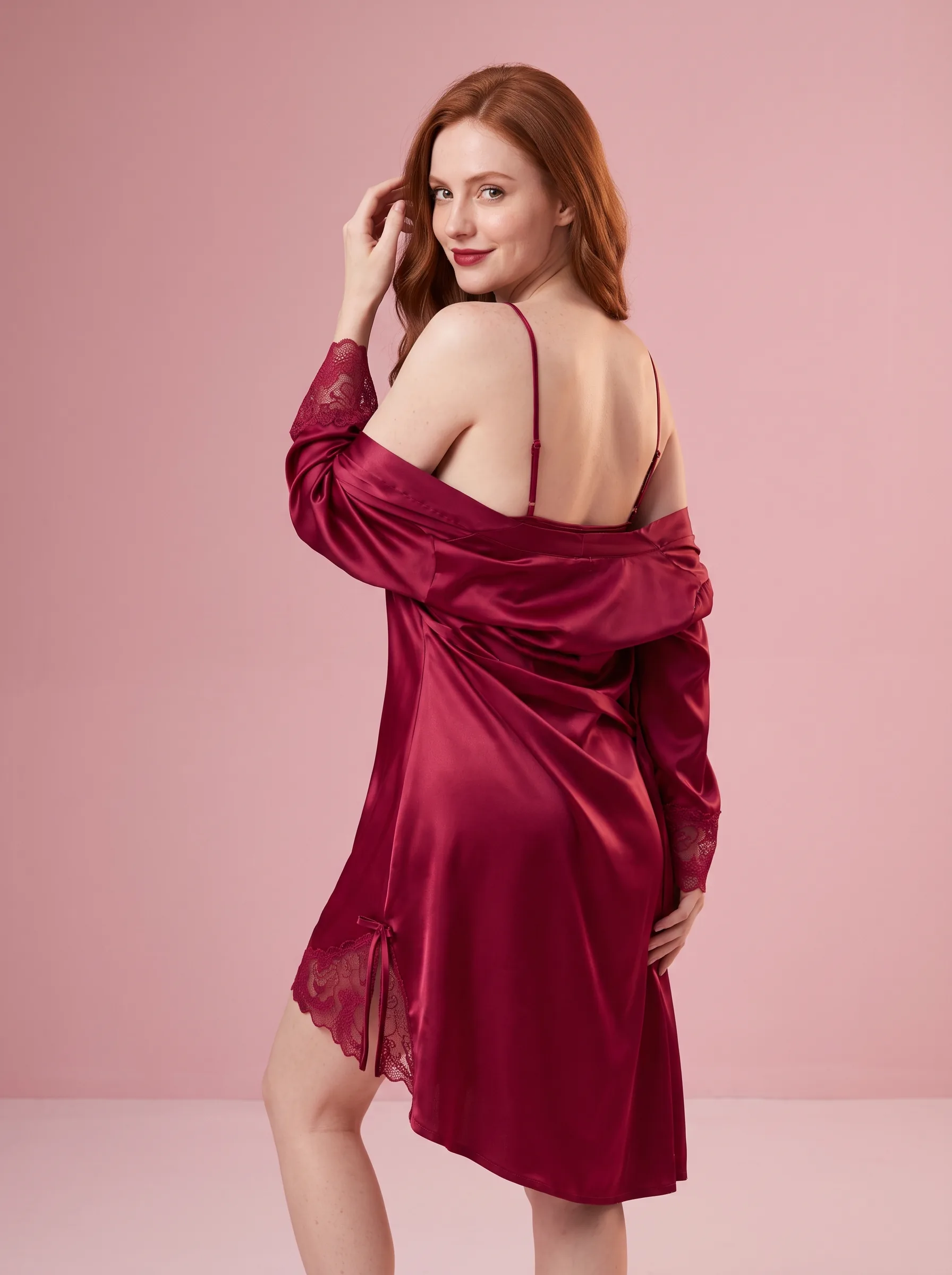 Wine Red Satin Nightgown and Robe Set with Lace Trim - Wine - View 2