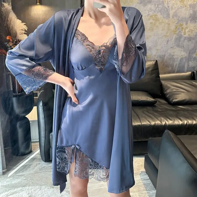 Lady Sexy Suspenders Ice Silk Pajamas Two piece Set Yin Blue Single Nightdress - Shop at LoveMi