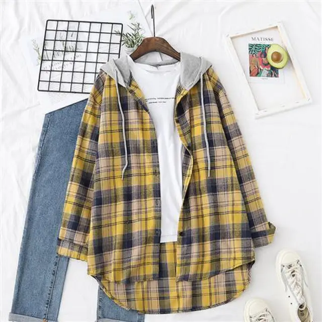 Retro Style Springsummer Autumn Plaid Shirt Women's Loose And Hooded Cardigan Coat Yellow - Shop at LoveMi