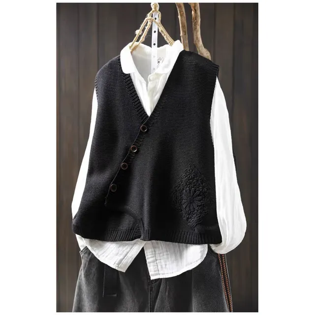 Women's V neck Cotton Knitted Vest Cardigan Black - Shop at LoveMi