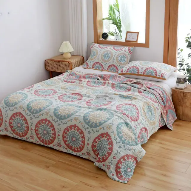 Cotton Gauze Four layer Soft Single Double Towel Blanket Cover Blanket Summer Blanket Plate Moon Blue Beige - Shop at LoveMi