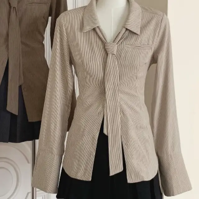 Striped Shirt For Women New Early Autumn Top Long Sleeve Apricot - Shop at LoveMi