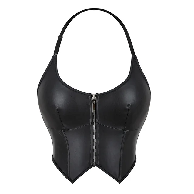 Leather Halter Zipper Women's Tube Top Chest Support Body Shaping Top Black Leather - Shop at LoveMi
