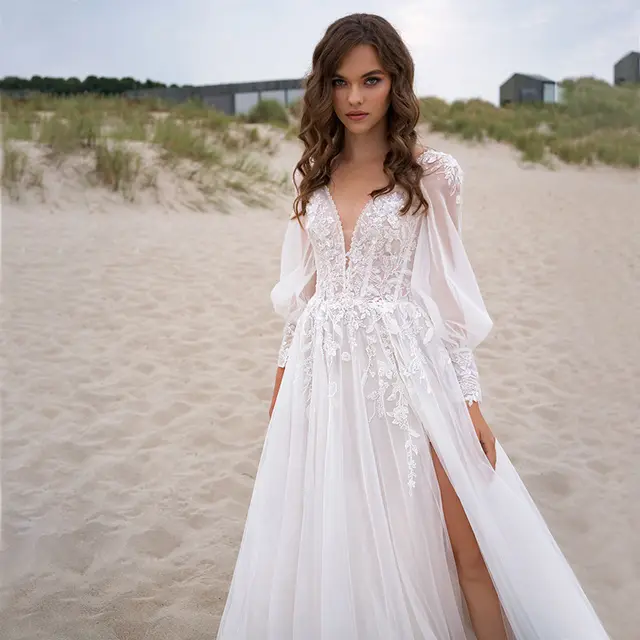Mesh Deep V neck High Slit Applique Dress White - Shop at LoveMi