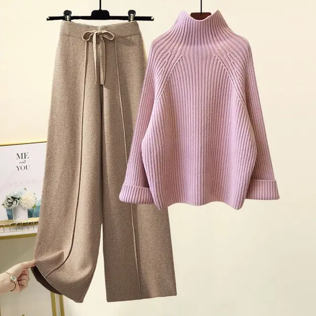 Sweater Lace up Cropped Drooping Wide Leg Pants Suit Pink Sweater Khaki Pants - Shop at LoveMi