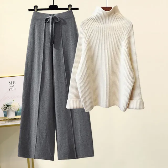 Sweater Lace up Cropped Drooping Wide Leg Pants Suit White Sweater Gray Pants - Shop at LoveMi