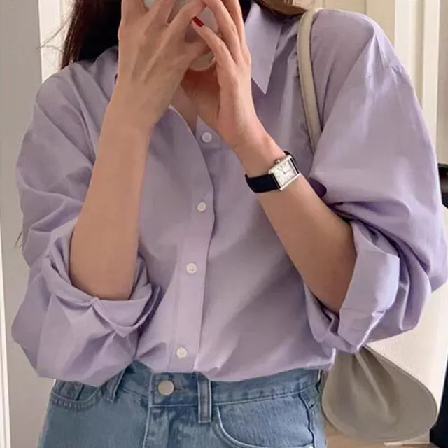 Pure Cotton Loose Long Sleeve Shirt Purple Shirt - Shop at LoveMi