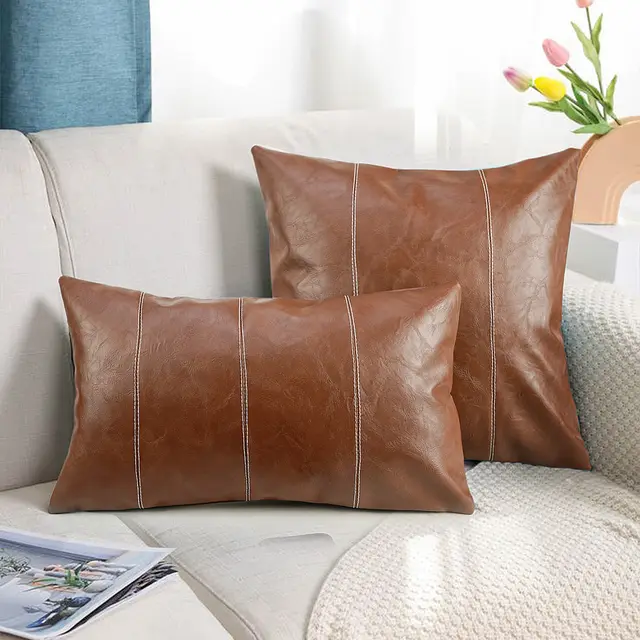American Minimalist Pillowcase Stitching PU Leather Stitching Pillow Cover Brown - Shop at LoveMi