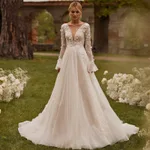 Sexy See-through Wedding Long Sleeve Embroidered Deep V Puffy Wedding Dress - Ivory White