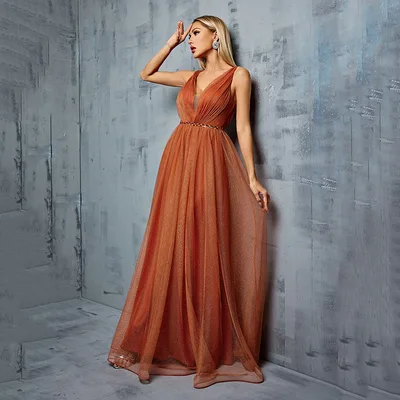 Women's Double shoulder V neck Chiffon Lace up Long A Line Dress Brown - Shop at LoveMi