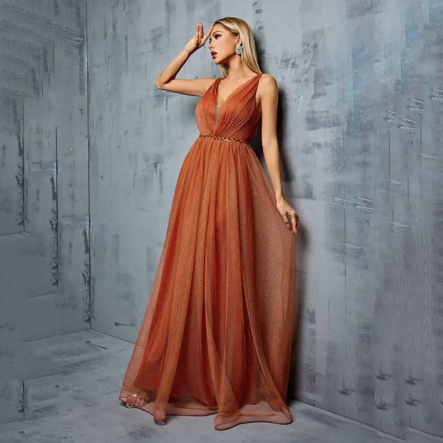 Women's Double shoulder V neck Chiffon Lace up Long A Line Dress Brown - Shop at LoveMi