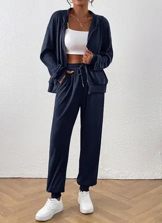 Women's Autumn Fashion Solid Color Suit Rib Sunken Stripe - Navy Blue