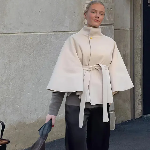 Elegant Solid Color Waist Tight Lace up Woolen Cape Jacket Milky White - Shop at LoveMi