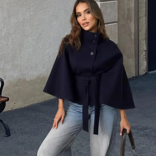 Elegant Solid Color Waist Tight Lace up Woolen Cape Jacket Navy Blue - Shop at LoveMi