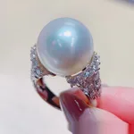 Large Pearl Full Diamond Luxury Inlaid Zircon Light Luxury Closed Pearl Ring - White Gold Color
