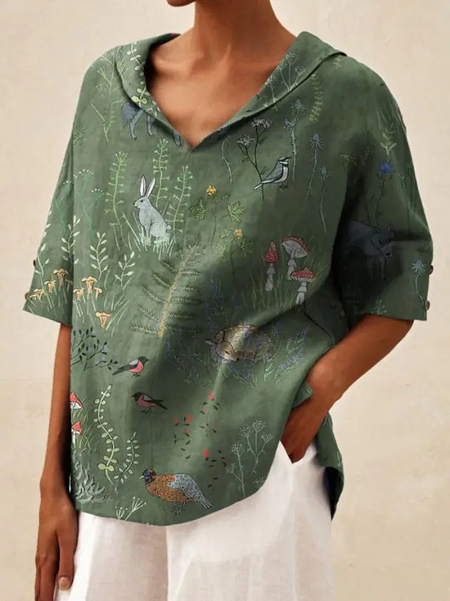 Women's Creative Printing Cotton And Linen Relaxed fit Hoodie Top Animal Green - Shop at LoveMi
