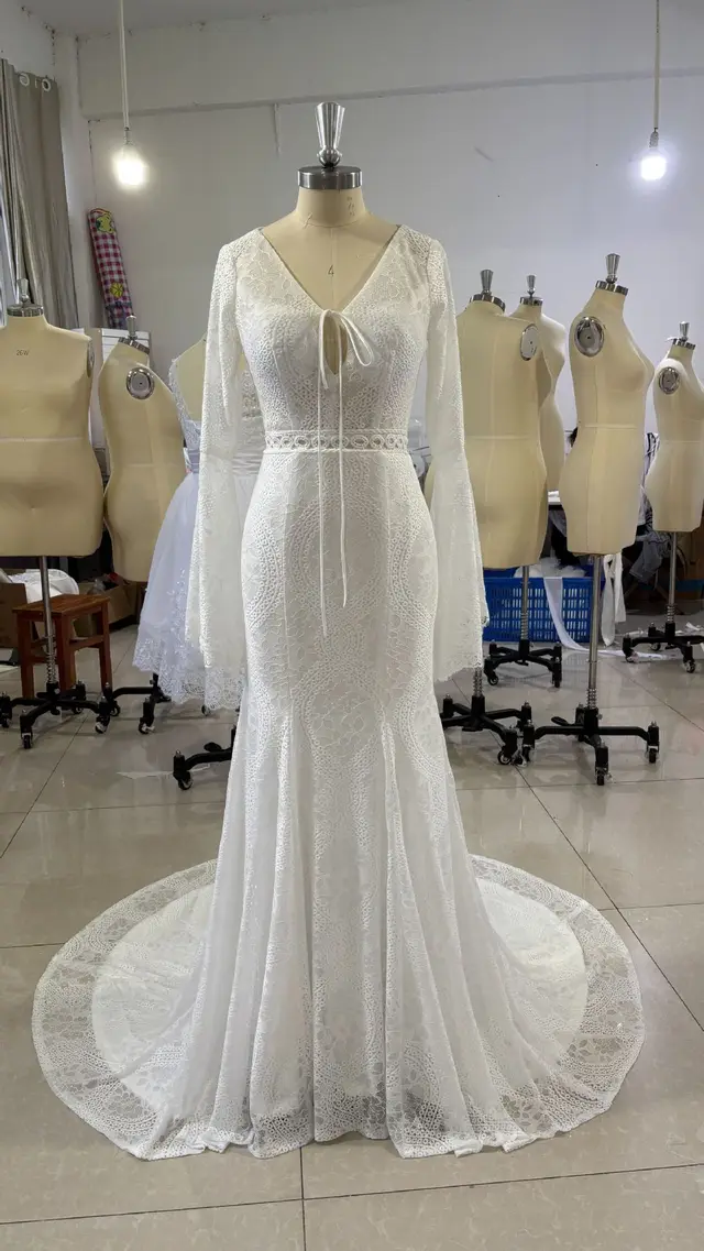 Bell Sleeve Lace Backless Bridal Light Wedding Dress Ivory White - Shop at LoveMi