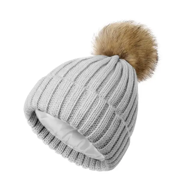 Soft Beanie Fluffy Ball Cap Warm Knitted Hat Light Gray - Shop at LoveMi